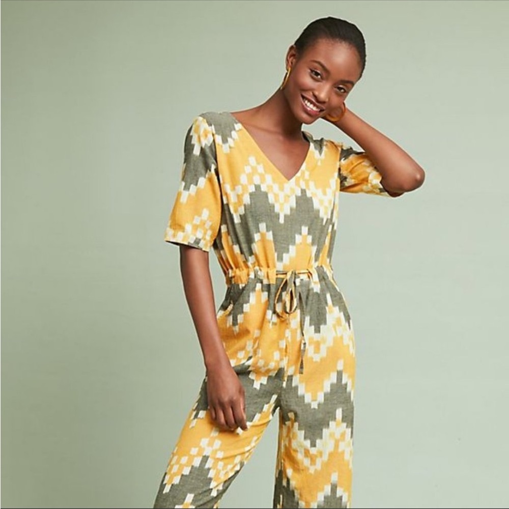 Women's Yellow & Olive Printed V-Neck Jumpsuit